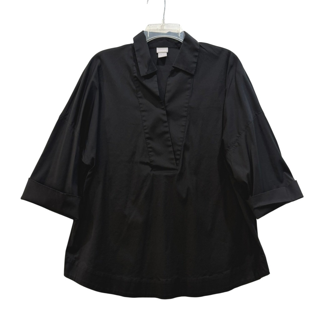 Chicos Black Poplin V-Neck Tunic Top Size 2 US 12/14 Elbow Sleeve Stretch Blouse